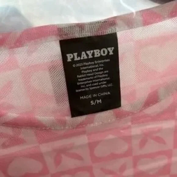 PLAYBOY Pastel Pink Logo Checkered Long Sleeve Crop Top - Picture 3 of 7
